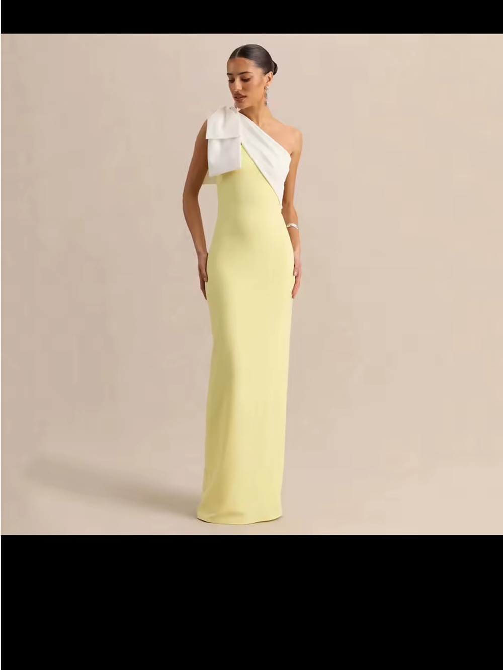 Asymmetric One-Shoulder Yellow Evening Gown with White Bow Accent